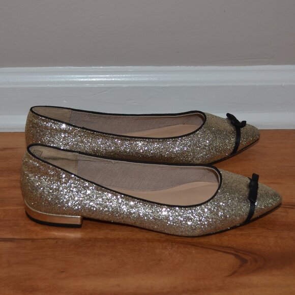 Nanette Lepore Dina Gold Glitter Bow tie Pointed Toe ballet flats, sz 8M - Picture 2 of 8